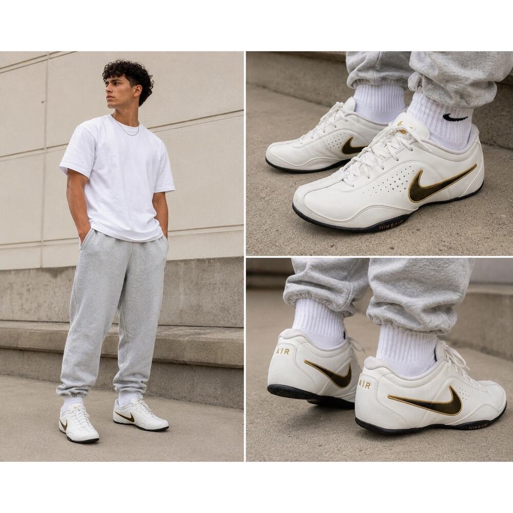 Nike Air White Gold Leather Training Walking Shoes Mens 13 Y2K 318805-121